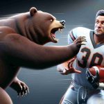 Realistically rendered high-definition image of a symbolic moment in a football game, where a team - represented by a bear emblem - is severing its connection to an offensive lineman player. The offensive lineman, a muscular man in a sports uniform, appears surprised by this decision.