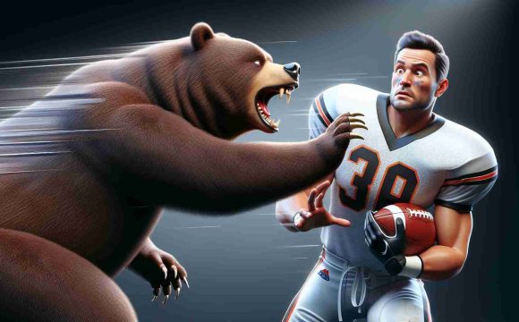 Realistically rendered high-definition image of a symbolic moment in a football game, where a team - represented by a bear emblem - is severing its connection to an offensive lineman player. The offensive lineman, a muscular man in a sports uniform, appears surprised by this decision.