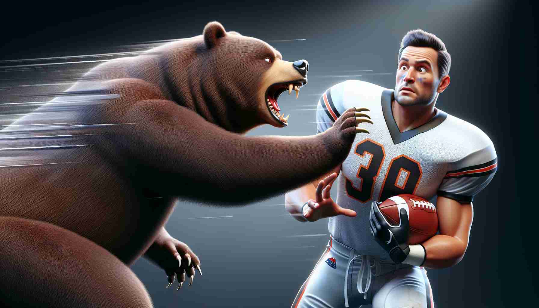 Realistically rendered high-definition image of a symbolic moment in a football game, where a team - represented by a bear emblem - is severing its connection to an offensive lineman player. The offensive lineman, a muscular man in a sports uniform, appears surprised by this decision.