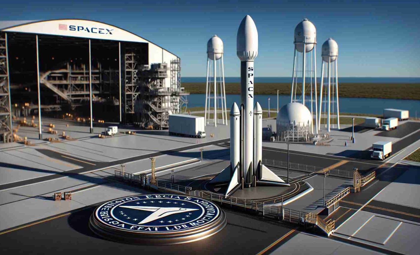 A high-definition, realistic image of a SpaceX Starship. The rocket is positioned on its launch pad, pointing towards the clear blue sky. The scene conveys a sense of imminent launch. The official seal of the FAA approval is displayed prominently nearby, symbolizing the regulatory approval for expanded launches. The surroundings illustrate the bustling activity typical of a launch site with technical equipment and staff members around.