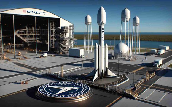 A high-definition, realistic image of a SpaceX Starship. The rocket is positioned on its launch pad, pointing towards the clear blue sky. The scene conveys a sense of imminent launch. The official seal of the FAA approval is displayed prominently nearby, symbolizing the regulatory approval for expanded launches. The surroundings illustrate the bustling activity typical of a launch site with technical equipment and staff members around.