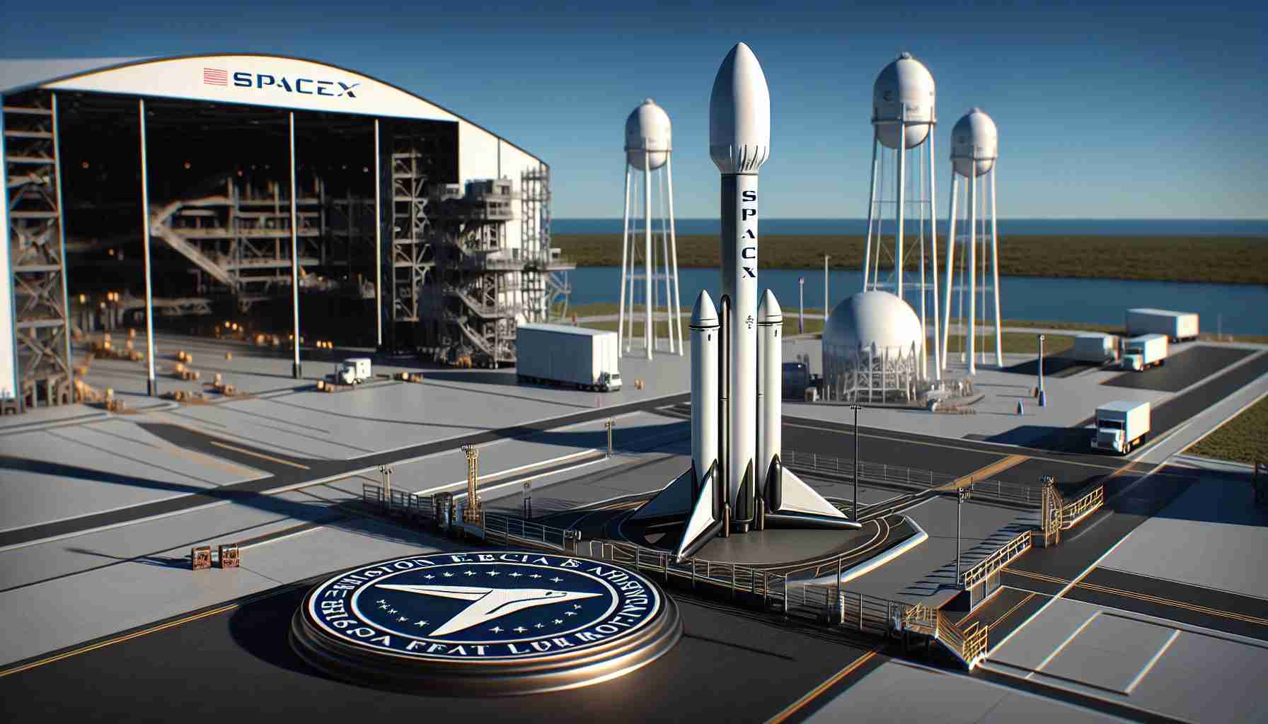 A high-definition, realistic image of a SpaceX Starship. The rocket is positioned on its launch pad, pointing towards the clear blue sky. The scene conveys a sense of imminent launch. The official seal of the FAA approval is displayed prominently nearby, symbolizing the regulatory approval for expanded launches. The surroundings illustrate the bustling activity typical of a launch site with technical equipment and staff members around.