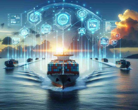 Generate an HD image depicting the future of shipping with smart containers that are revolutionizing ocean freight. The image should have a feel of advanced technology with autonomous vessels crossing a vast, tranquil ocean. The vessels are loaded with smart containers that have digital displays showing active status metrics. The sky should be set at sunrise or sunset, with a promising glow symbolizing the dawn of a new era of efficient and high-tech shipping.