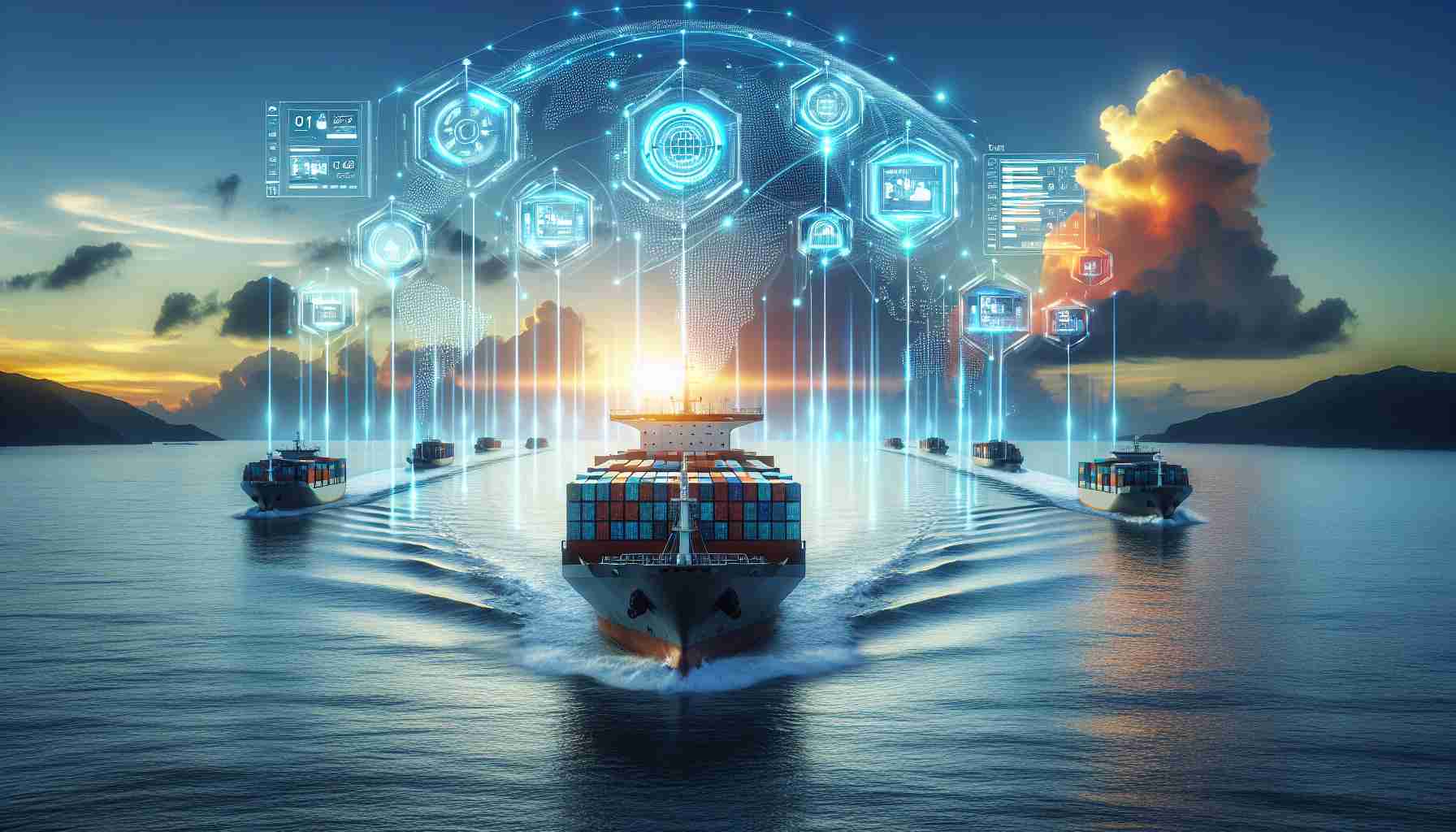 Generate an HD image depicting the future of shipping with smart containers that are revolutionizing ocean freight. The image should have a feel of advanced technology with autonomous vessels crossing a vast, tranquil ocean. The vessels are loaded with smart containers that have digital displays showing active status metrics. The sky should be set at sunrise or sunset, with a promising glow symbolizing the dawn of a new era of efficient and high-tech shipping.