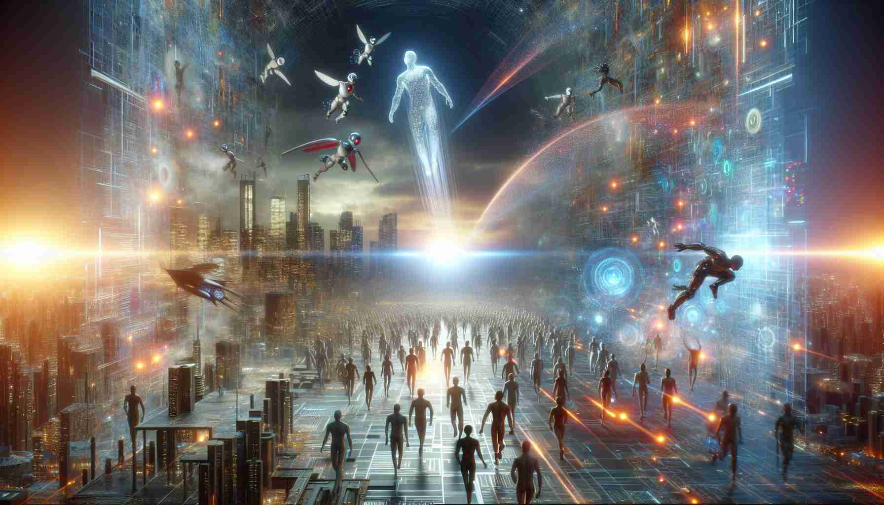 Create a realistic HD image that represents the concept of a 'Quantum Leap' in technology and its potential to reshape humanity. The scene could depict advanced technological devices, teeming networks of data visualization, futuristic cityscapes, or robotic entities working along with humans of diverse races and genders, symbolizing technological advancement and its effect on society. The image should portray a sense of innovation, progress, and a dramatic leap forward, just like a 'Quantum Leap'. The caption 'Technology's New Era, Could It Reshape Humanity?' should be present.