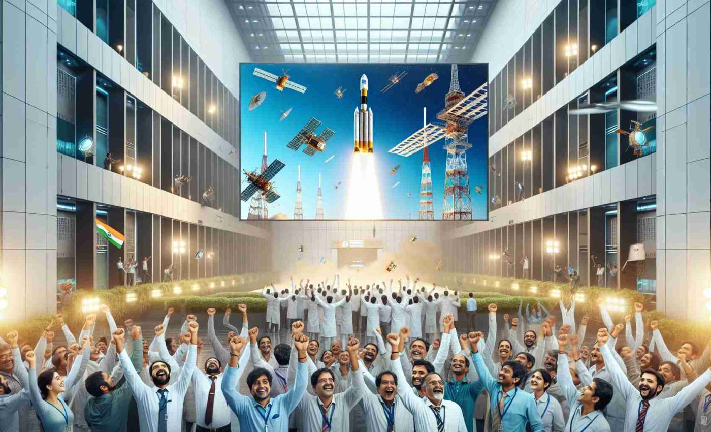 A high-definition, realistic image showing the celebration at India's space agency (ISRO) following a significant achievement: the successful launch of their new satellite, GSAT-20. Capture the joy and excitement in the air, with engineers and scientists – both men and women of diverse Indian ethnicities – rejoicing. The scene also prominently features a large screen showcasing the satellite soaring towards the sky. No individuals should be recognizable.