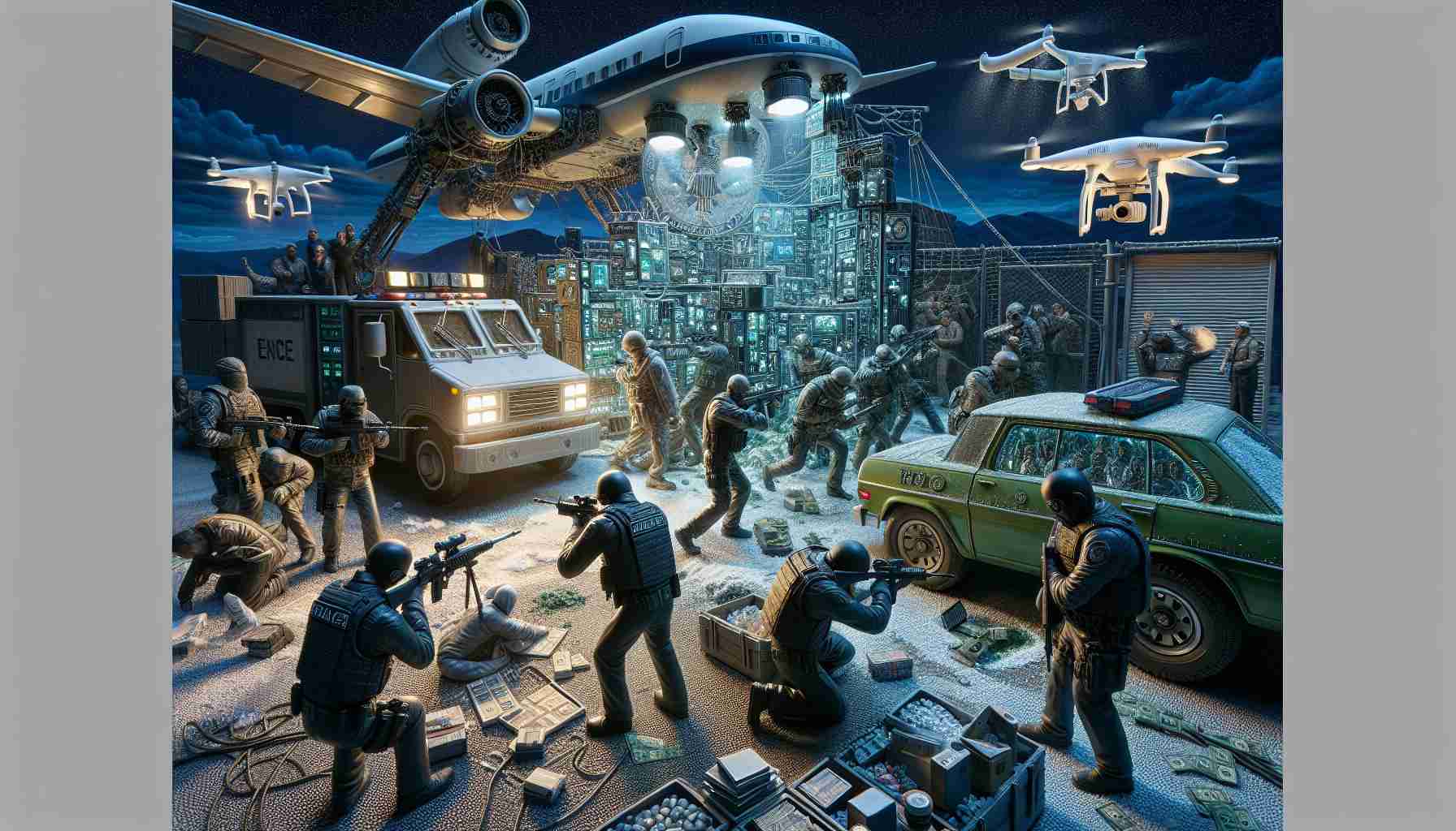 An intricate scene depicting an advanced technology powered drug bust operation. The scene is filled with tension, as law enforcement professionals using cutting-edge surveillance and tracking equipment, are tracking down a group of drug traffickers. The smugglers, bewildered and alarmed by the precision and efficiency of the law enforcement's tech, are captured in the middle of the operation. The night sky serves as the backdrop, adding to the heightened sense of drama and urgency. The cool, steely resolve of the law enforcement officers contrasts with the chaotic reaction of the smugglers adding a gripping element to the scene.