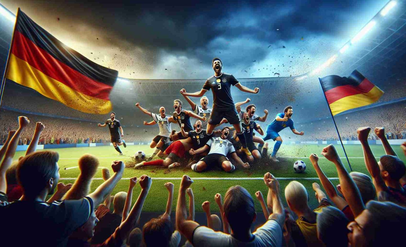 A realistic high-definition image capturing the euphoria of a football game where a team, represented by Germany's colors black, red, and gold, stunningly dominates with a 6-0 victory against a team represented by Bosnia's blue, yellow, and white colors. The scene should capture the emotions vividly - the jubilant faces of the winning team, the upset expressions of the defeated team, and the explosive reactions of the spectators in the stadium.