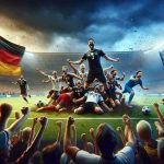 A realistic high-definition image capturing the euphoria of a football game where a team, represented by Germany's colors black, red, and gold, stunningly dominates with a 6-0 victory against a team represented by Bosnia's blue, yellow, and white colors. The scene should capture the emotions vividly - the jubilant faces of the winning team, the upset expressions of the defeated team, and the explosive reactions of the spectators in the stadium.