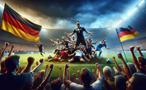 A realistic high-definition image capturing the euphoria of a football game where a team, represented by Germany's colors black, red, and gold, stunningly dominates with a 6-0 victory against a team represented by Bosnia's blue, yellow, and white colors. The scene should capture the emotions vividly - the jubilant faces of the winning team, the upset expressions of the defeated team, and the explosive reactions of the spectators in the stadium.