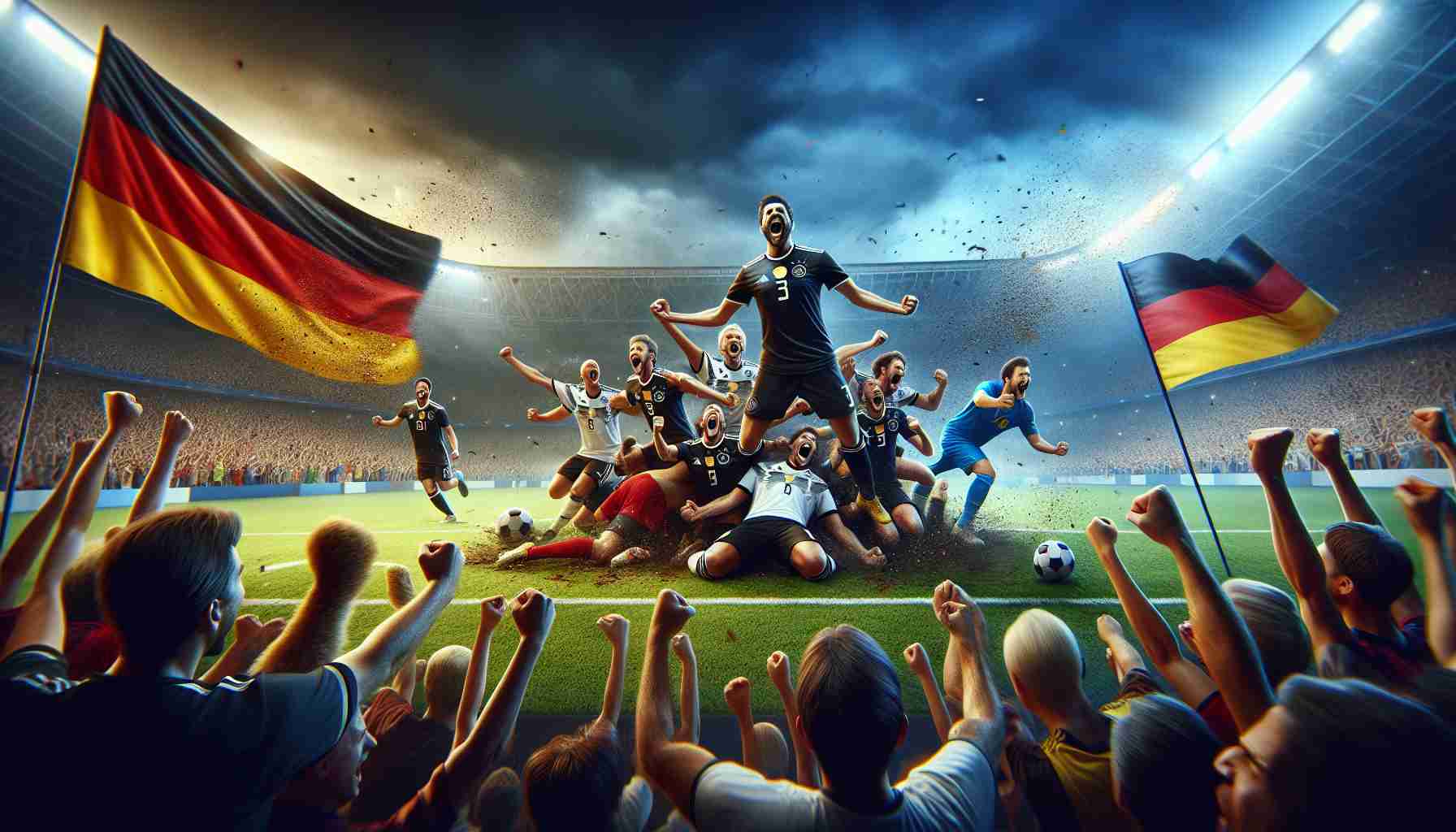 A realistic high-definition image capturing the euphoria of a football game where a team, represented by Germany's colors black, red, and gold, stunningly dominates with a 6-0 victory against a team represented by Bosnia's blue, yellow, and white colors. The scene should capture the emotions vividly - the jubilant faces of the winning team, the upset expressions of the defeated team, and the explosive reactions of the spectators in the stadium.