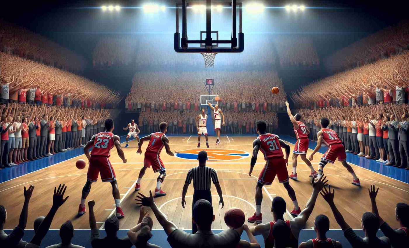 An imaginary scene of a high definition, hyper-realistic basketball game where the New York team is bouncing back for a victory against the Wisconsin team after a previous sorrowful loss. The scene includes the charged up players on the court with their faces showing determination and the audience in the stands is full of enthusiastic and hopeful spectators.