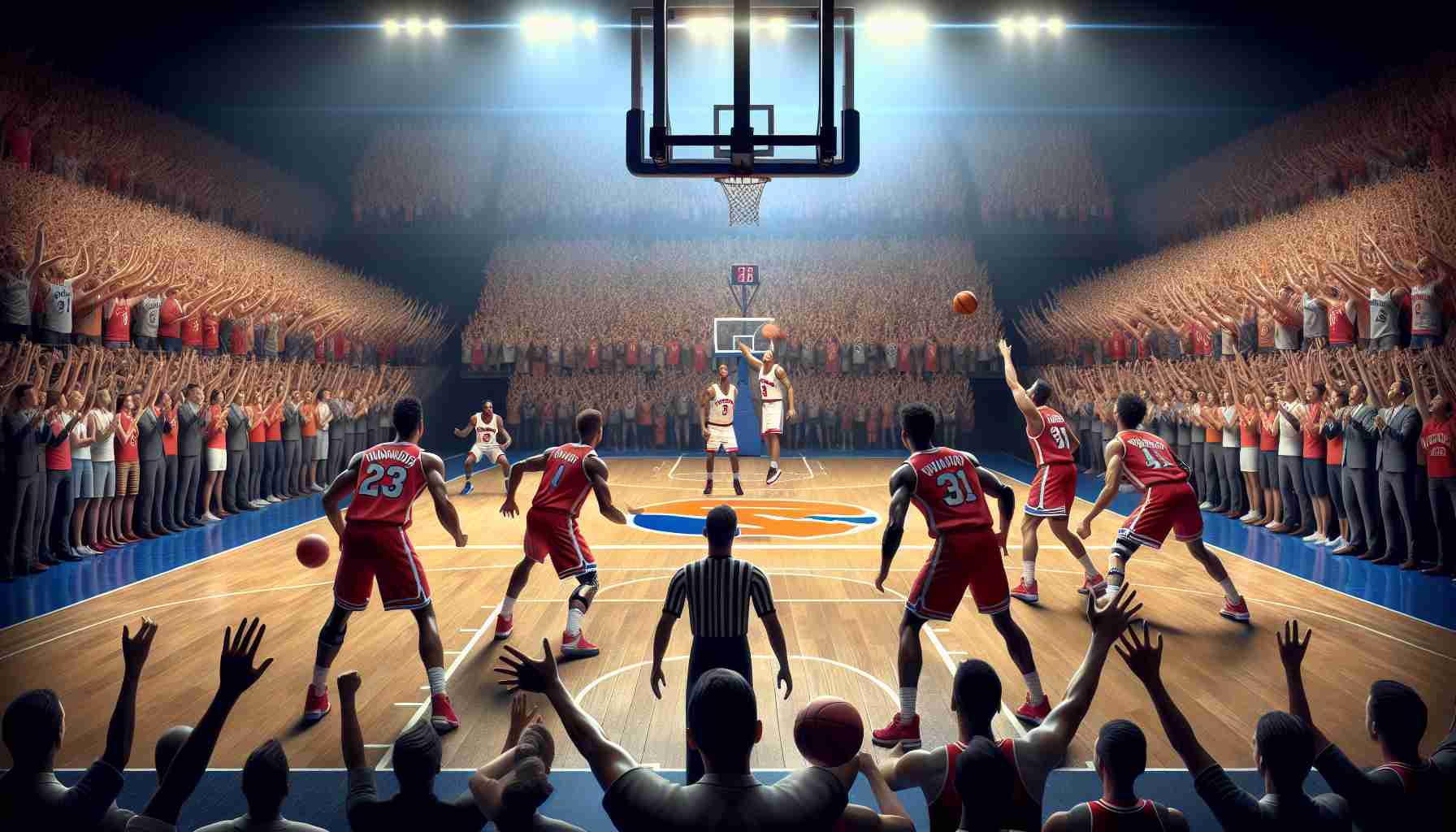 An imaginary scene of a high definition, hyper-realistic basketball game where the New York team is bouncing back for a victory against the Wisconsin team after a previous sorrowful loss. The scene includes the charged up players on the court with their faces showing determination and the audience in the stands is full of enthusiastic and hopeful spectators.