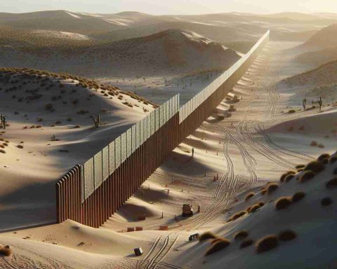 Render a realistic HD photo representing a new military barrier indicative of a shift in a landscape. The scene should portray a fence or wall-like structure in a desert-like environment, perhaps with sand dunes and sparse vegetation. Make sure to include signs of recent construction in the area, like tool marks on the barrier or construction equipment nearby.