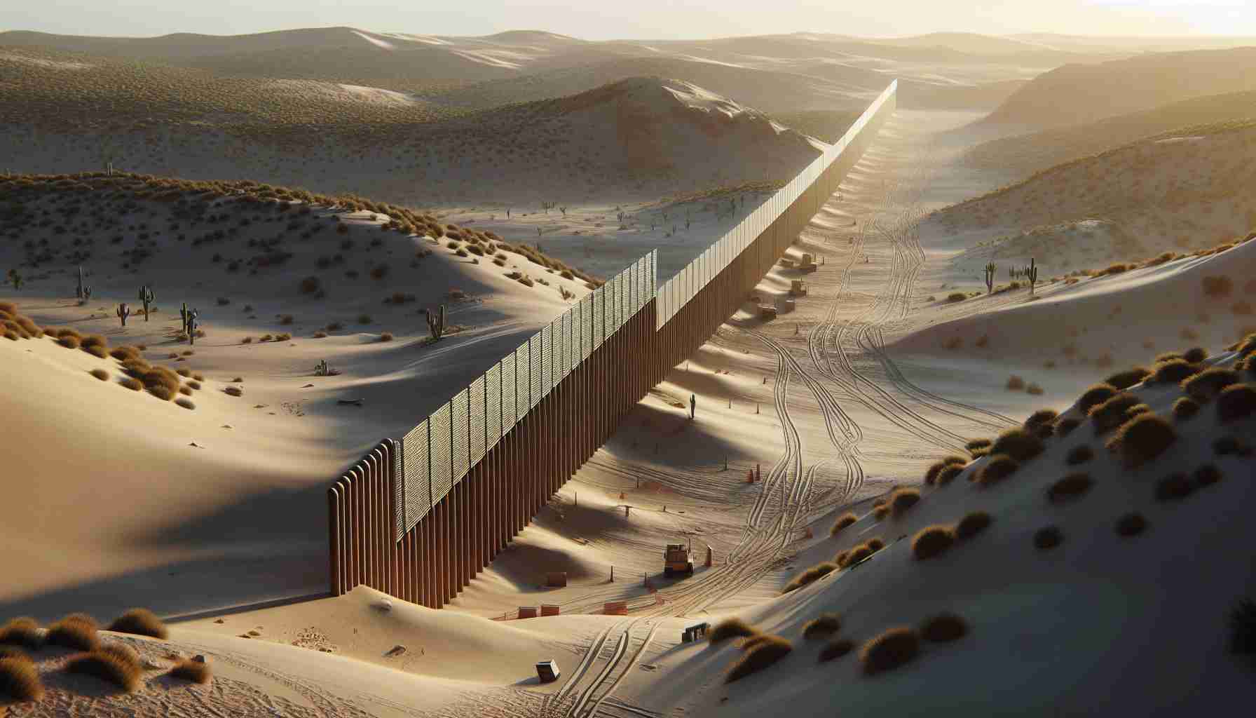 Render a realistic HD photo representing a new military barrier indicative of a shift in a landscape. The scene should portray a fence or wall-like structure in a desert-like environment, perhaps with sand dunes and sparse vegetation. Make sure to include signs of recent construction in the area, like tool marks on the barrier or construction equipment nearby.