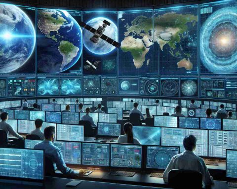 High definition, realistic image depicting the future of intelligent solutions in satellite management. Picture a cutting-edge control room filled with technology enabling automation, predictive analytics, and advanced data processing. Large screens display live feeds from several orbiting satellites. Visible on the screens are weather patterns, signal strengths, and other vital data. Diverse personnel, including a Caucasian male engineer analyzing data, a Hispanic female technician monitoring satellite movements, a Middle-Eastern male specialist troubleshooting issues, and a South Asian female specialist fine-tuning satellite communications, work in the control room.