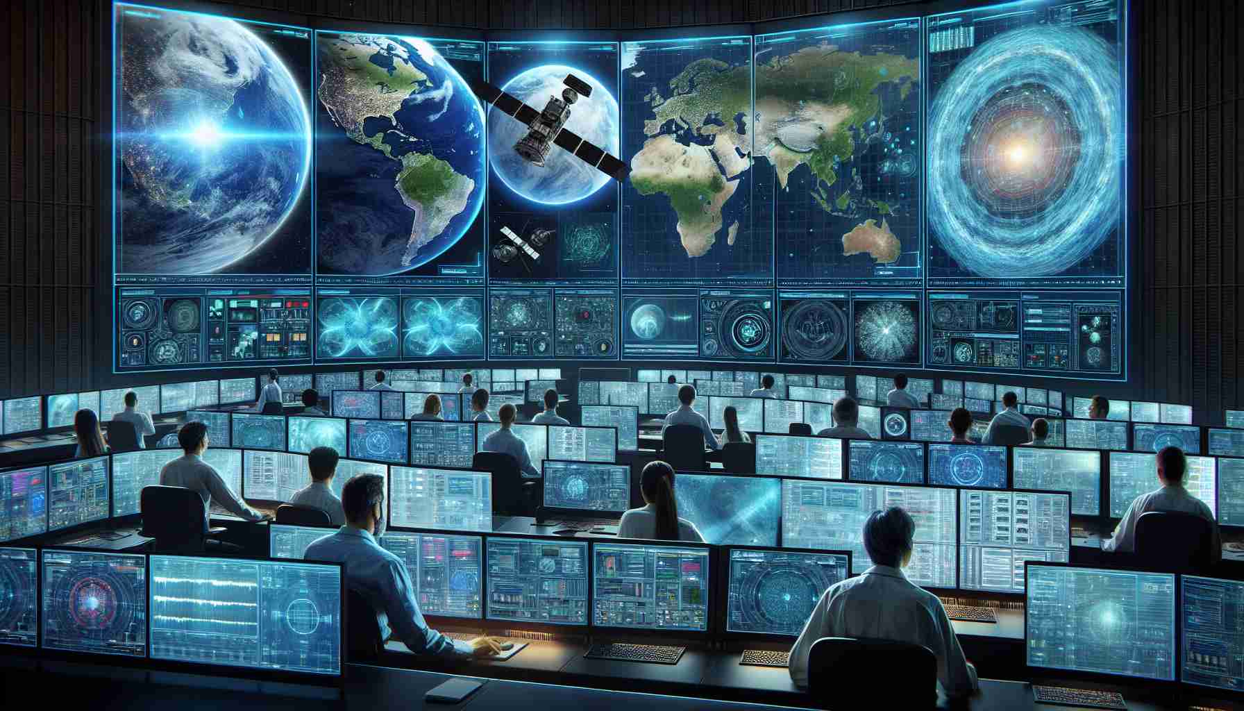 High definition, realistic image depicting the future of intelligent solutions in satellite management. Picture a cutting-edge control room filled with technology enabling automation, predictive analytics, and advanced data processing. Large screens display live feeds from several orbiting satellites. Visible on the screens are weather patterns, signal strengths, and other vital data. Diverse personnel, including a Caucasian male engineer analyzing data, a Hispanic female technician monitoring satellite movements, a Middle-Eastern male specialist troubleshooting issues, and a South Asian female specialist fine-tuning satellite communications, work in the control room.