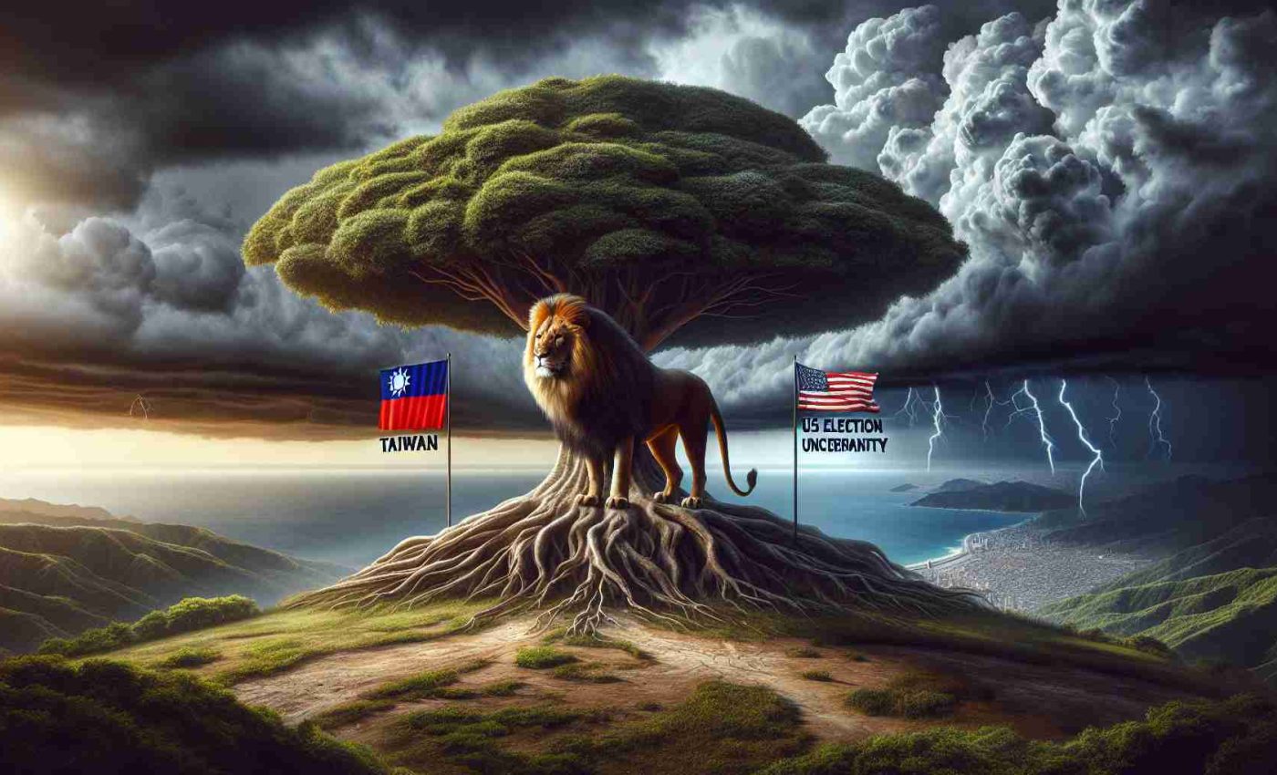 High-quality, realistic depiction of a symbolic representation of geopolitical uncertainty, incorporating visual elements that symbolize China, Taiwan, and the United States. This could be represented by a large, sturdy tree labeled 'Taiwan' standing in a landscape that suggests a tense atmosphere, with storm clouds indicating the 'US election uncertainty'. In the distance, a powerful but apprehensive lion representing 'China' could be observing the situation with caution and concern.