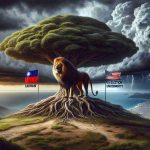 High-quality, realistic depiction of a symbolic representation of geopolitical uncertainty, incorporating visual elements that symbolize China, Taiwan, and the United States. This could be represented by a large, sturdy tree labeled 'Taiwan' standing in a landscape that suggests a tense atmosphere, with storm clouds indicating the 'US election uncertainty'. In the distance, a powerful but apprehensive lion representing 'China' could be observing the situation with caution and concern.