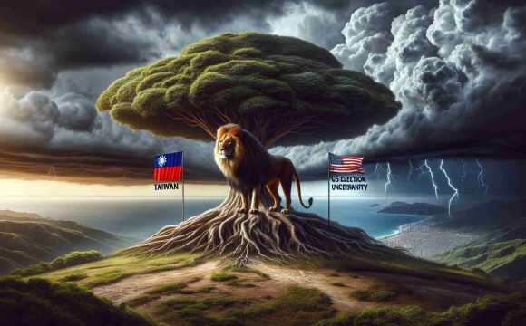 High-quality, realistic depiction of a symbolic representation of geopolitical uncertainty, incorporating visual elements that symbolize China, Taiwan, and the United States. This could be represented by a large, sturdy tree labeled 'Taiwan' standing in a landscape that suggests a tense atmosphere, with storm clouds indicating the 'US election uncertainty'. In the distance, a powerful but apprehensive lion representing 'China' could be observing the situation with caution and concern.