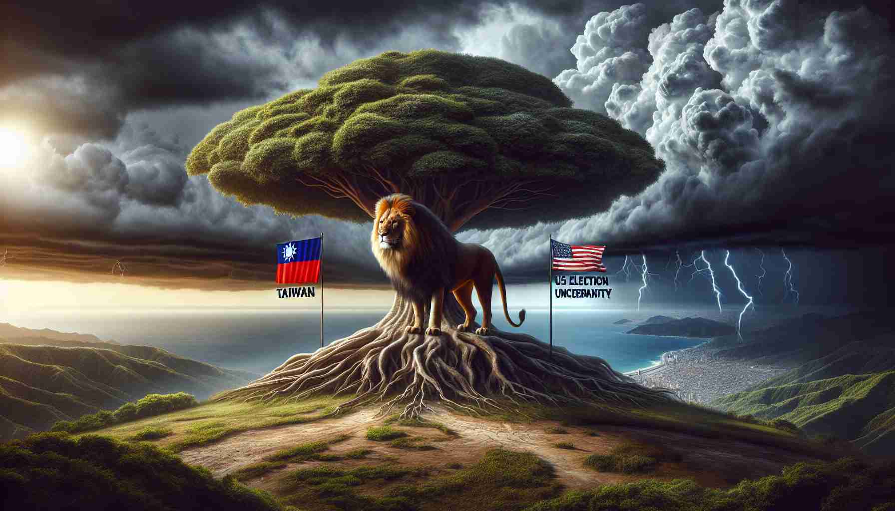 High-quality, realistic depiction of a symbolic representation of geopolitical uncertainty, incorporating visual elements that symbolize China, Taiwan, and the United States. This could be represented by a large, sturdy tree labeled 'Taiwan' standing in a landscape that suggests a tense atmosphere, with storm clouds indicating the 'US election uncertainty'. In the distance, a powerful but apprehensive lion representing 'China' could be observing the situation with caution and concern.