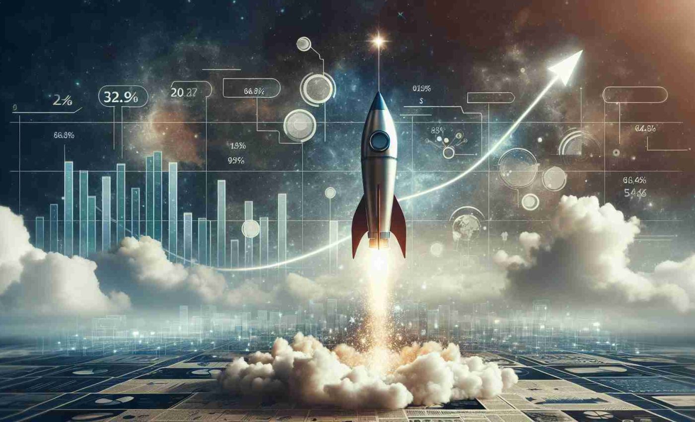 Detailed image signifying advancement and growth, perhaps as a large, powerful rocket soaring upwards into a clear, cloud-dotted sky. A sparkle can be seen flickering at its base indicating a strong thrust. The background could be a complex of futuristic buildings, symbolizing a company or organization. Flanking the rocket are large numeric figures showing the amount of valuation. However, sprinkle some signs of conflict or controversy such as speech bubbles containing exclamation and question marks, or newspaper clippings in the lower field of view.