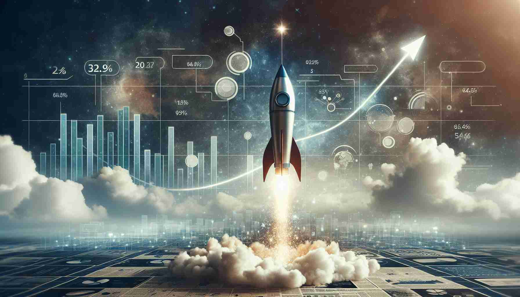 Detailed image signifying advancement and growth, perhaps as a large, powerful rocket soaring upwards into a clear, cloud-dotted sky. A sparkle can be seen flickering at its base indicating a strong thrust. The background could be a complex of futuristic buildings, symbolizing a company or organization. Flanking the rocket are large numeric figures showing the amount of valuation. However, sprinkle some signs of conflict or controversy such as speech bubbles containing exclamation and question marks, or newspaper clippings in the lower field of view.