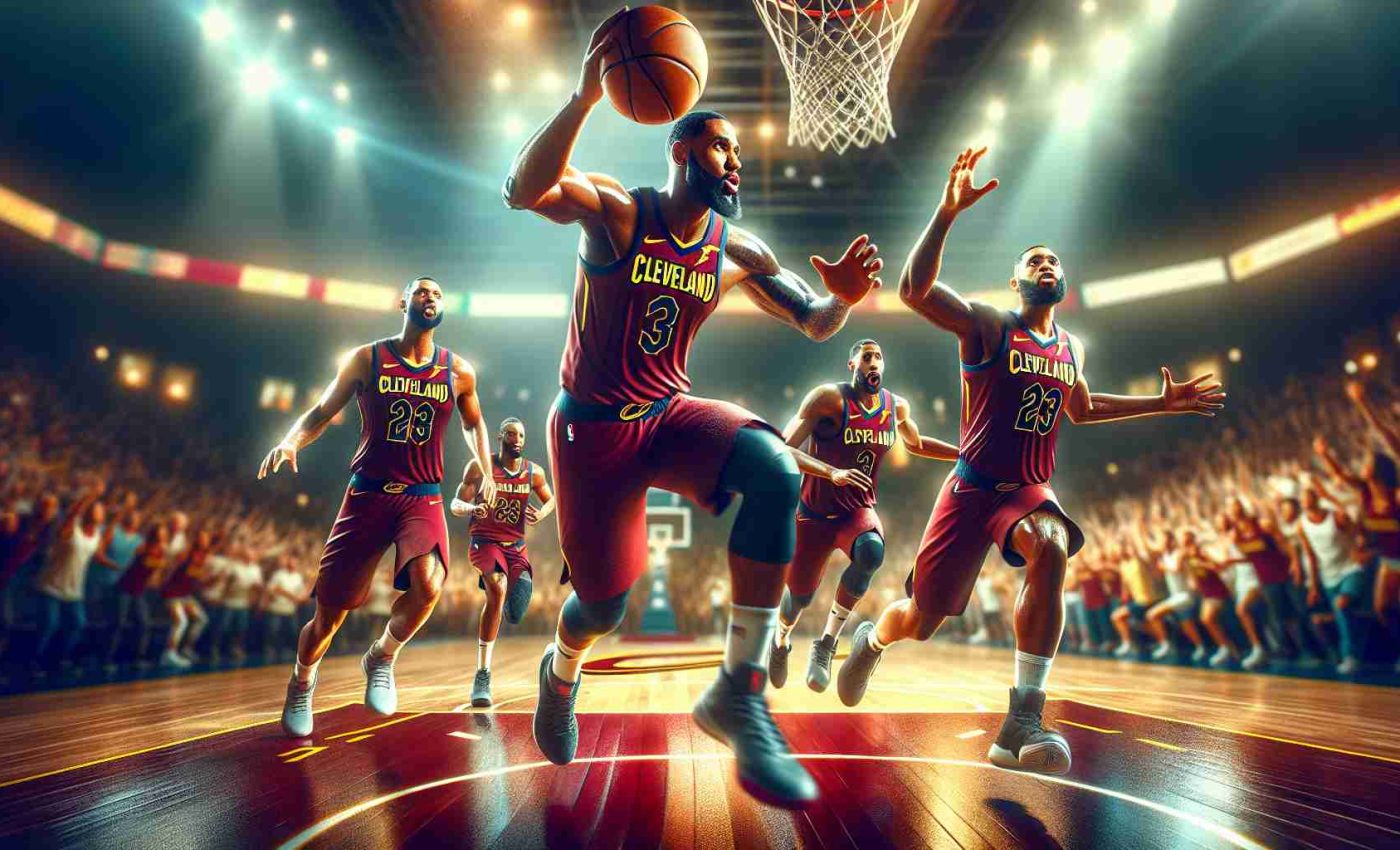 High-definition, realistic depiction of a basketball team, the Cleveland Cavaliers in action, starting the new season with unstoppable momentum. Show them full of energy and vibrancy on a bustling basketball court, the basketball fiercely traveling through the air and their faces filled with determination and resolve.