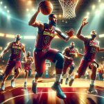 High-definition, realistic depiction of a basketball team, the Cleveland Cavaliers in action, starting the new season with unstoppable momentum. Show them full of energy and vibrancy on a bustling basketball court, the basketball fiercely traveling through the air and their faces filled with determination and resolve.