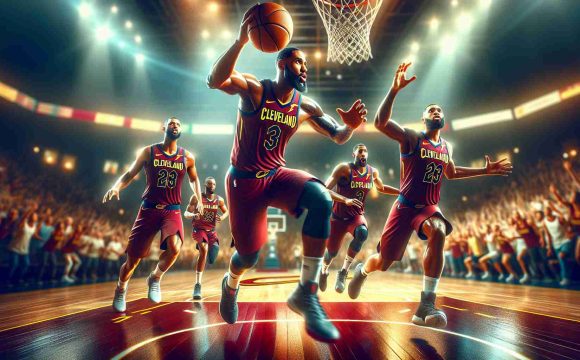 High-definition, realistic depiction of a basketball team, the Cleveland Cavaliers in action, starting the new season with unstoppable momentum. Show them full of energy and vibrancy on a bustling basketball court, the basketball fiercely traveling through the air and their faces filled with determination and resolve.