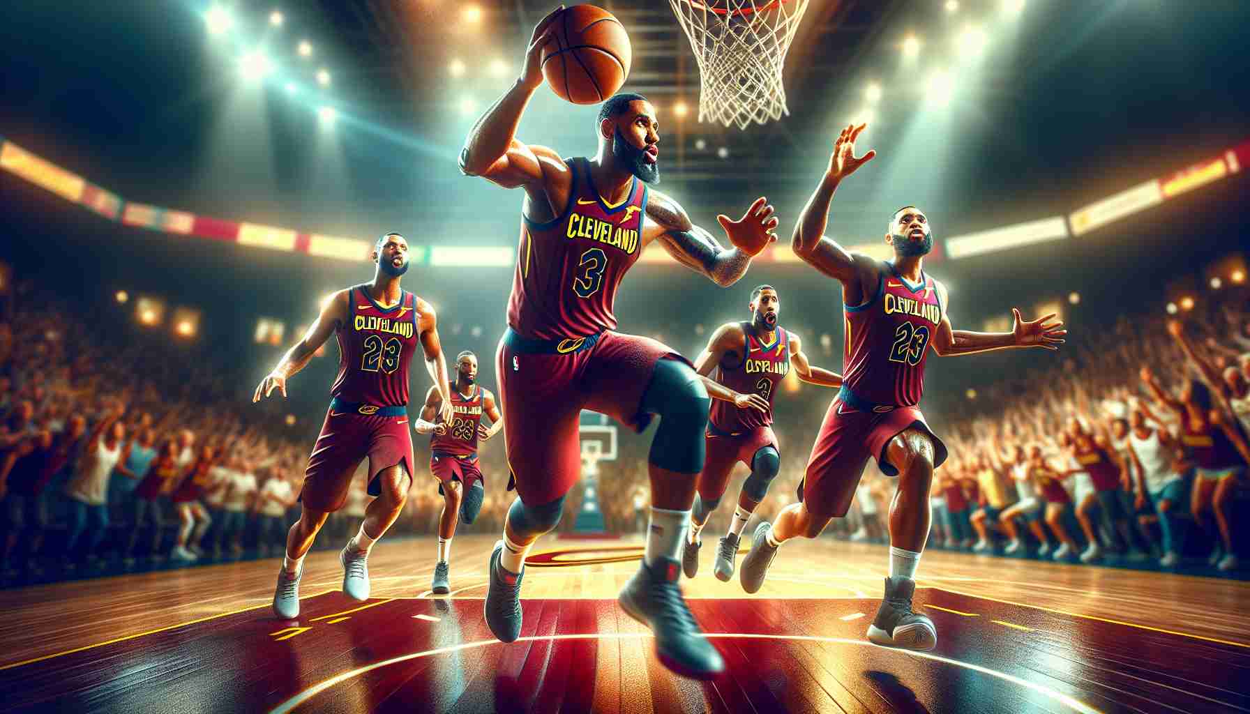 High-definition, realistic depiction of a basketball team, the Cleveland Cavaliers in action, starting the new season with unstoppable momentum. Show them full of energy and vibrancy on a bustling basketball court, the basketball fiercely traveling through the air and their faces filled with determination and resolve.