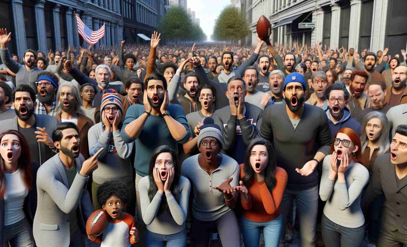 A high-resolution, realistic representation of a scene capturing the surprise of the football fans in the city of Philadelphia, after learning about the sudden change in the coaching staff of their local football team. The scene shows a diverse group of fans, men, women, and children of different descents such as Caucasian, Hispanic, Black, Middle-Eastern, South Asian marking shock, disbelief but also curiosity and excitement about the unforeseen change.