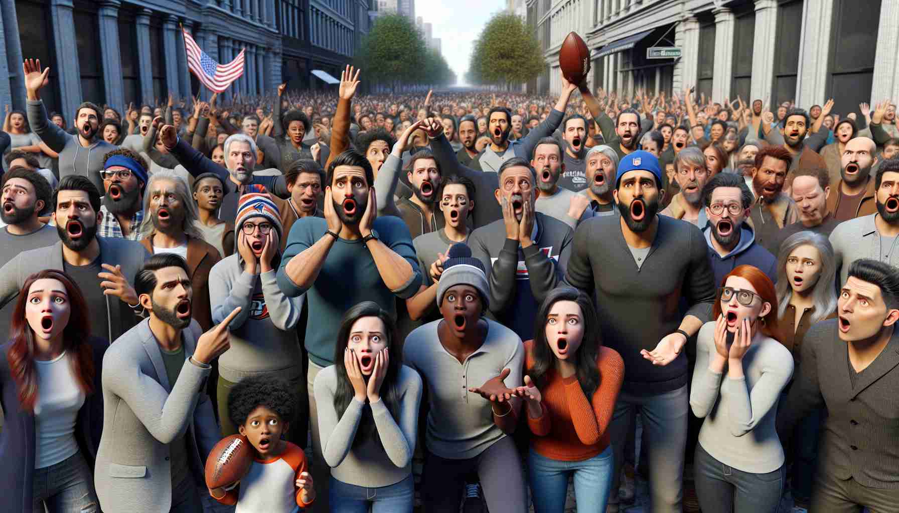 A high-resolution, realistic representation of a scene capturing the surprise of the football fans in the city of Philadelphia, after learning about the sudden change in the coaching staff of their local football team. The scene shows a diverse group of fans, men, women, and children of different descents such as Caucasian, Hispanic, Black, Middle-Eastern, South Asian marking shock, disbelief but also curiosity and excitement about the unforeseen change.