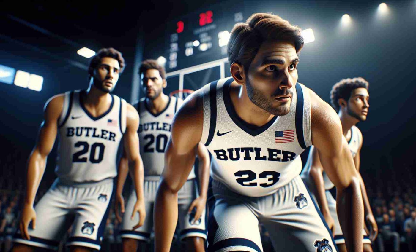 A real-life, high definition scene capturing a tough start for a basketball team, their jerseys stunningly show the Butler's symbol. Their faces filled with determination and a bit of struggle. An important player, known as Telfort, is in the spotlight. He is readying himself for a game-changing moment, carrying the hopes of turning around the situation for the Dawgs.