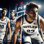 A real-life, high definition scene capturing a tough start for a basketball team, their jerseys stunningly show the Butler's symbol. Their faces filled with determination and a bit of struggle. An important player, known as Telfort, is in the spotlight. He is readying himself for a game-changing moment, carrying the hopes of turning around the situation for the Dawgs.