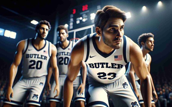 A real-life, high definition scene capturing a tough start for a basketball team, their jerseys stunningly show the Butler's symbol. Their faces filled with determination and a bit of struggle. An important player, known as Telfort, is in the spotlight. He is readying himself for a game-changing moment, carrying the hopes of turning around the situation for the Dawgs.