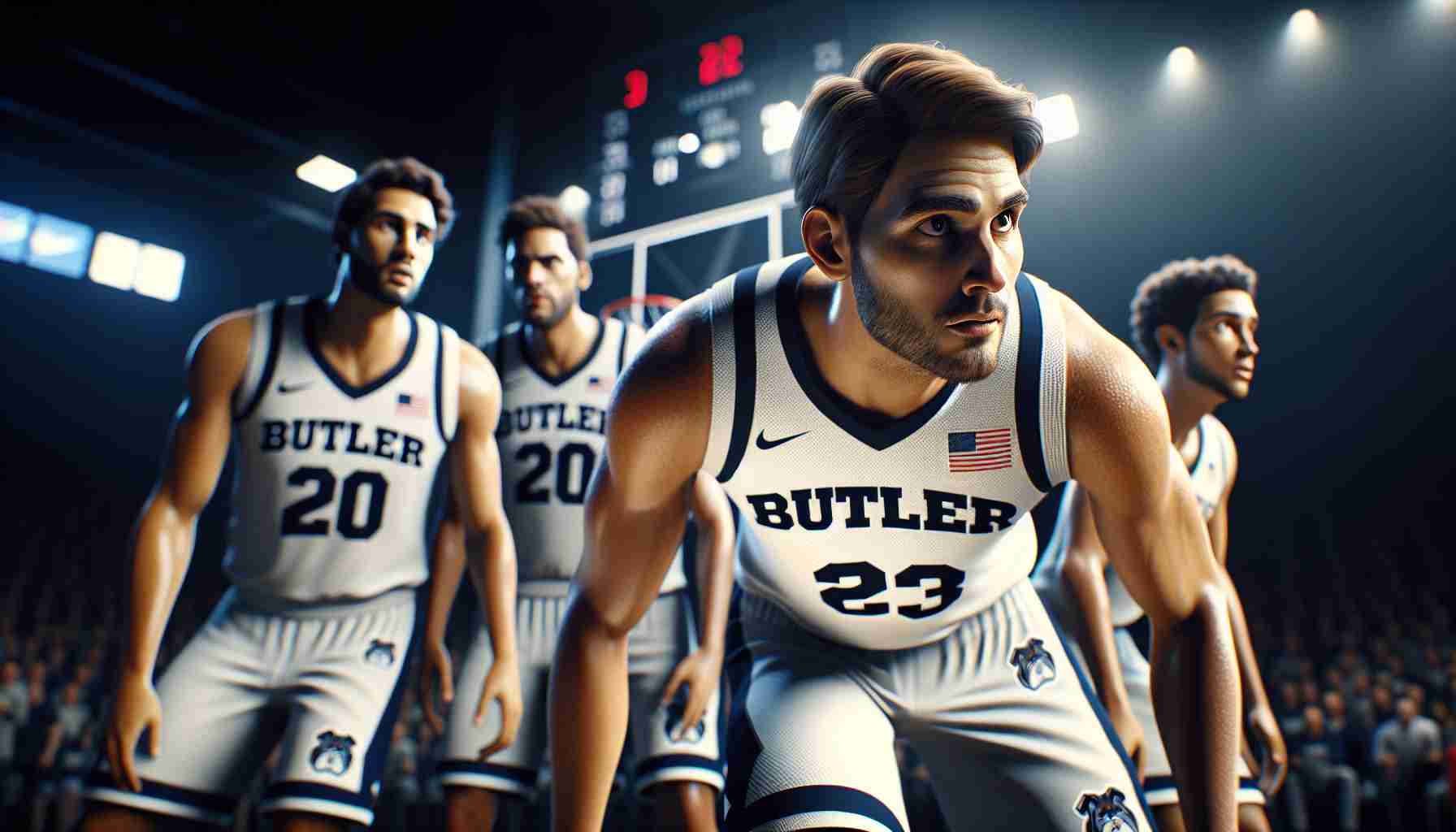 A real-life, high definition scene capturing a tough start for a basketball team, their jerseys stunningly show the Butler's symbol. Their faces filled with determination and a bit of struggle. An important player, known as Telfort, is in the spotlight. He is readying himself for a game-changing moment, carrying the hopes of turning around the situation for the Dawgs.