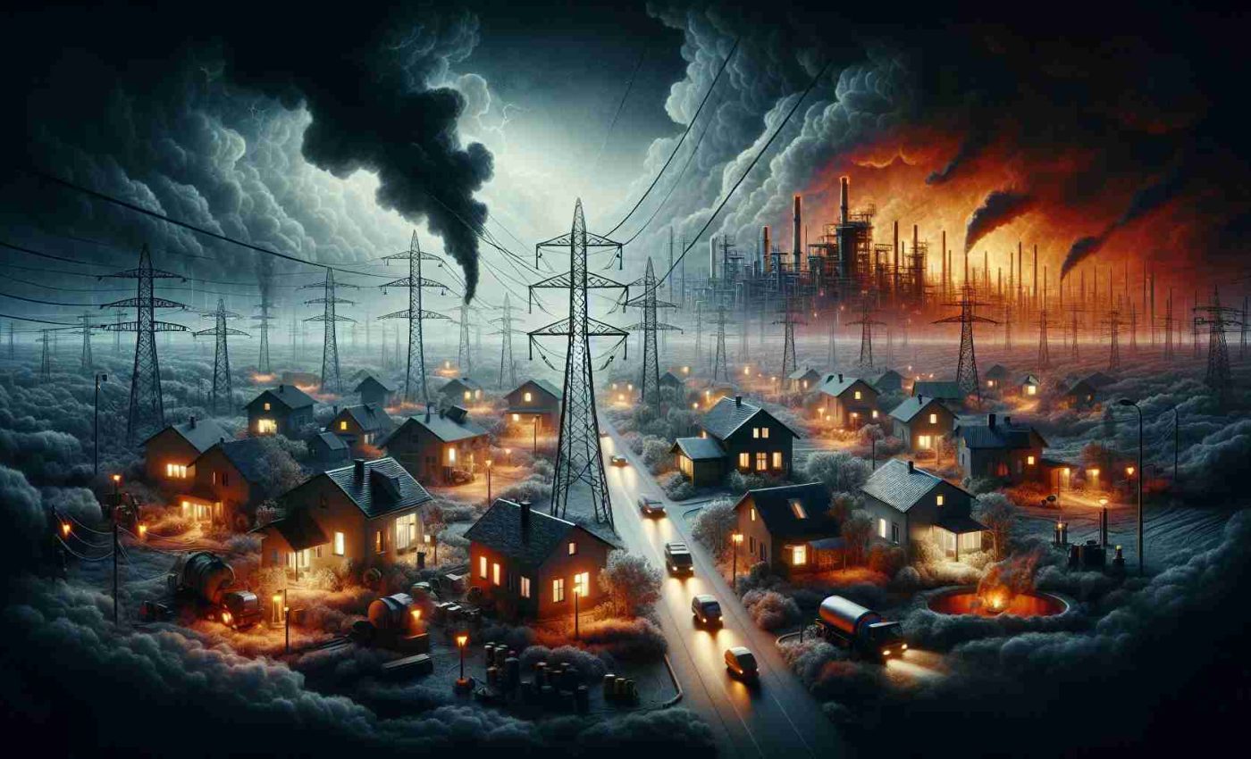 High-definition illustration of a symbolic representation of the energy crisis Ukraine is facing, with visual elements such as dimly lit homes, disconnected power lines, and fossil fuel scarcity. This situation appears against the backdrop of implied turmoil, represented by a bleak atmosphere and ominous clouds, but without referencing or showing any military action or specific countries.