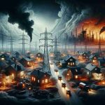 High-definition illustration of a symbolic representation of the energy crisis Ukraine is facing, with visual elements such as dimly lit homes, disconnected power lines, and fossil fuel scarcity. This situation appears against the backdrop of implied turmoil, represented by a bleak atmosphere and ominous clouds, but without referencing or showing any military action or specific countries.