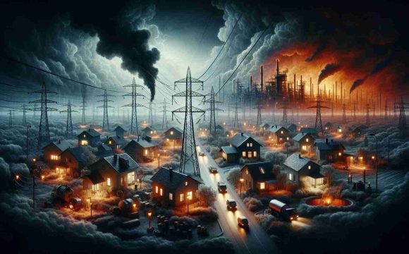 High-definition illustration of a symbolic representation of the energy crisis Ukraine is facing, with visual elements such as dimly lit homes, disconnected power lines, and fossil fuel scarcity. This situation appears against the backdrop of implied turmoil, represented by a bleak atmosphere and ominous clouds, but without referencing or showing any military action or specific countries.