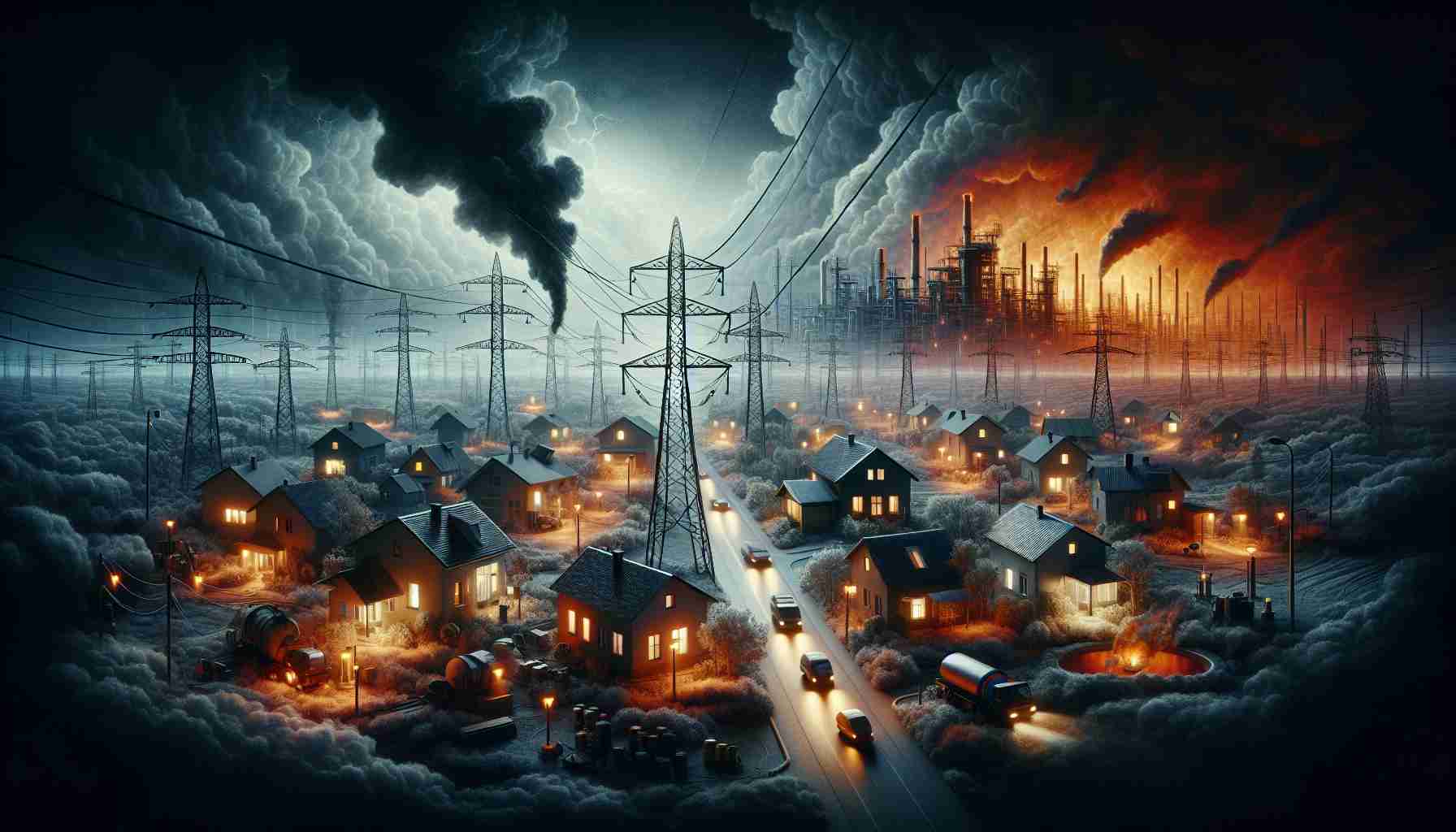 High-definition illustration of a symbolic representation of the energy crisis Ukraine is facing, with visual elements such as dimly lit homes, disconnected power lines, and fossil fuel scarcity. This situation appears against the backdrop of implied turmoil, represented by a bleak atmosphere and ominous clouds, but without referencing or showing any military action or specific countries.