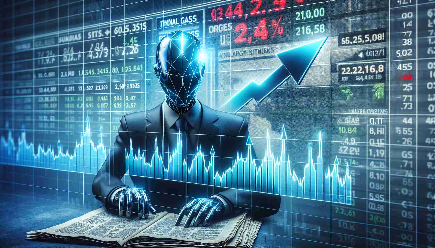 A realistic HD depiction of the surge in Natural Gas Stocks due to the energy policies of an anonymous politician. Showcase this through graphical representations of stock market trends with arrows pointing upwards, signifying the boom. Have newspaper clippings headline the energy policy changes, and maybe a discrete figure - not identifiable - studying the stock market trends.