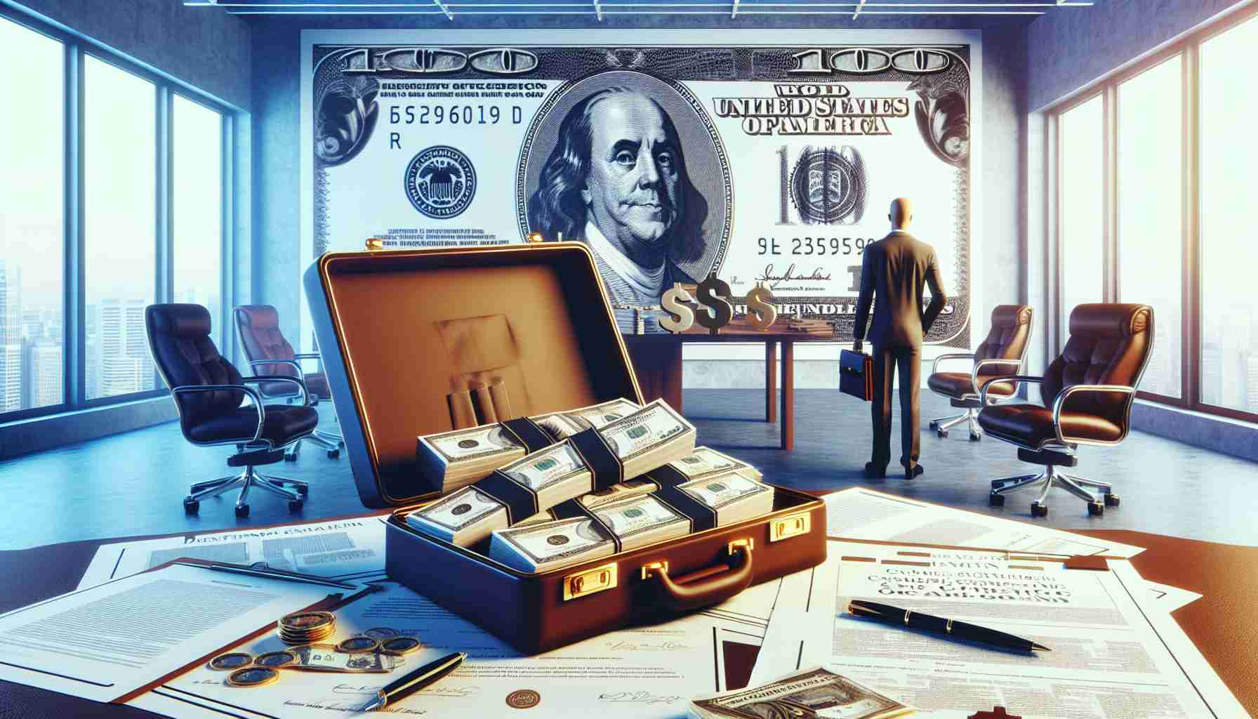 A high-definition, realistic image of a conceptual scene representing a bold decision by an executive at a major animation company, signified by the symbolic cashing out of $42.7 million in company stock. The image could showcase a luxurious office scene with items like stocks certificates and a briefcase full of money to suggest the scale of the transaction.