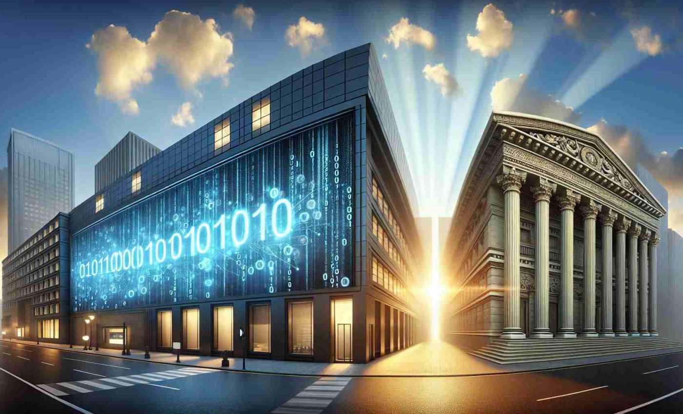 Realistically detailed high-definition image showing the convergence of technology and finance, symbolized by two generic buildings. The building on the left represents a thriving technology company with an illuminated digital LED sign displaying binary code. The building on the right represents a longstanding financial institution, signified by a classic architectural design with tall columns and a large clock on the front. The sky is filled with clouds and the setting sun beams are highlighting the contrasting architectural styles. The image embodies a fusion of the tech and finance sectors.