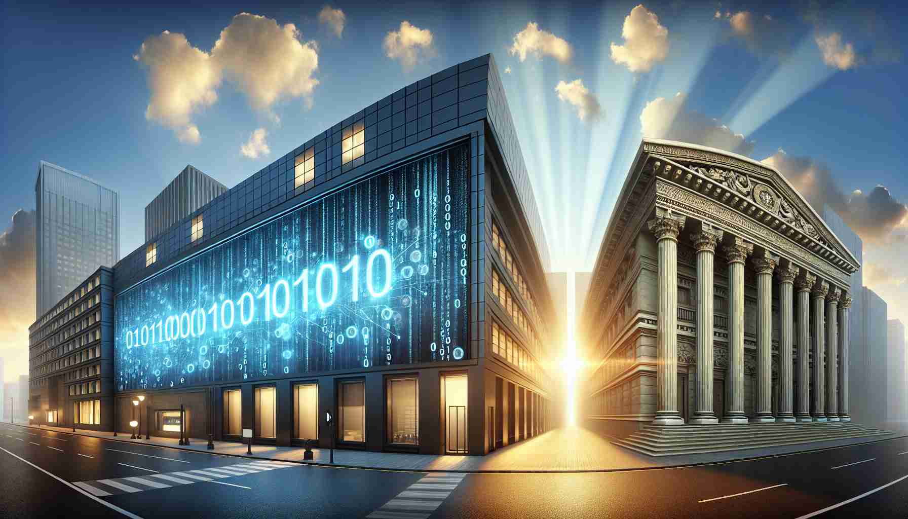 Realistically detailed high-definition image showing the convergence of technology and finance, symbolized by two generic buildings. The building on the left represents a thriving technology company with an illuminated digital LED sign displaying binary code. The building on the right represents a longstanding financial institution, signified by a classic architectural design with tall columns and a large clock on the front. The sky is filled with clouds and the setting sun beams are highlighting the contrasting architectural styles. The image embodies a fusion of the tech and finance sectors.