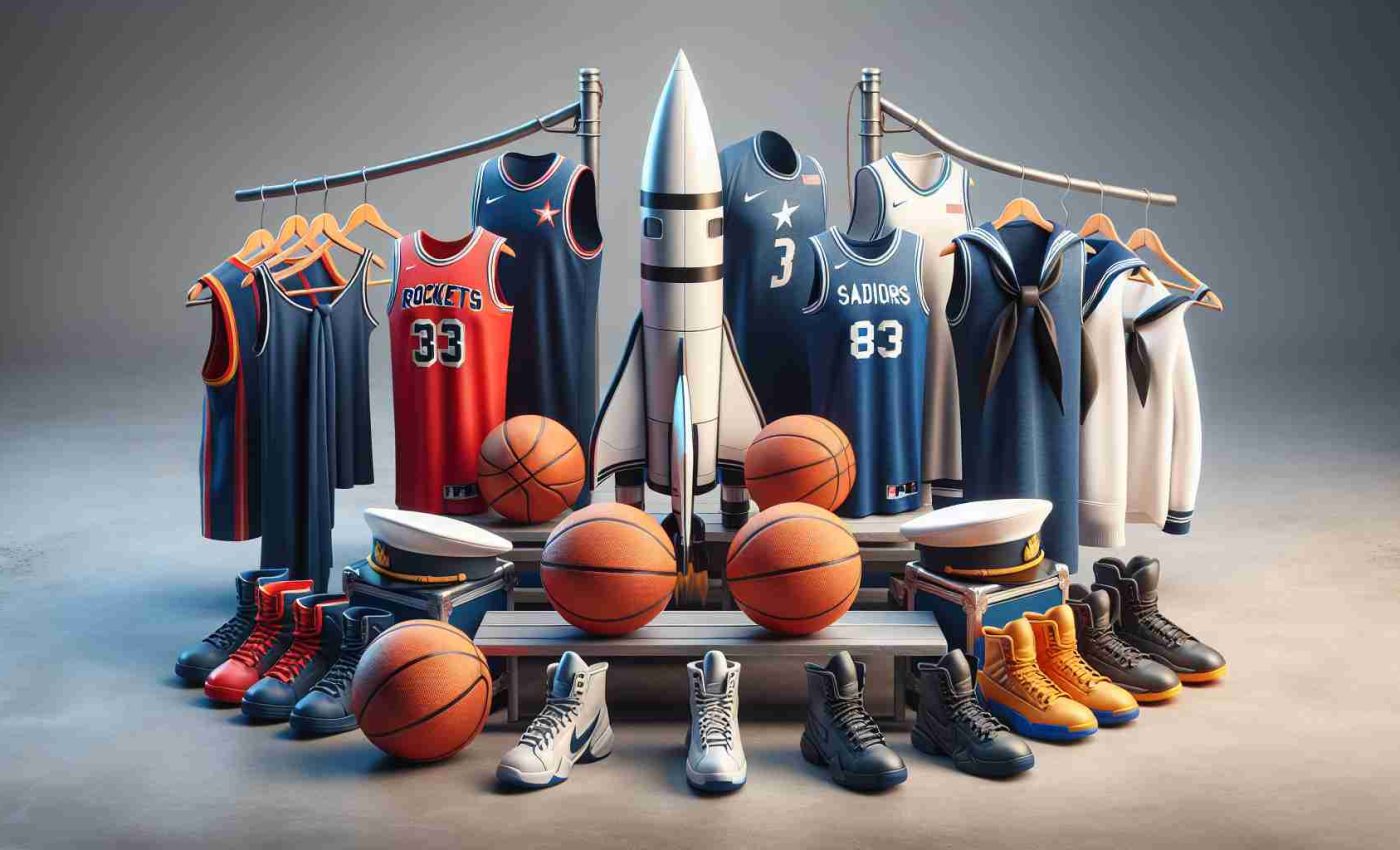 Realistic high-definition image of basketball teams gear preparing for important matches. One team is symbolized by rockets, displaying their team jerseys, basketballs, and other gear. The other team, represented by sailors, exhibits similar gear. The tension and excitement of the upcoming showdowns between these two teams is palpable.