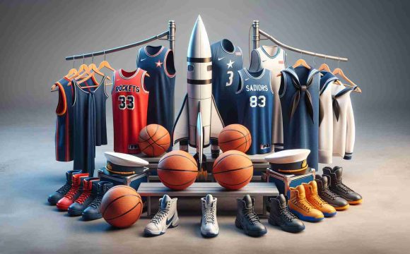 Realistic high-definition image of basketball teams gear preparing for important matches. One team is symbolized by rockets, displaying their team jerseys, basketballs, and other gear. The other team, represented by sailors, exhibits similar gear. The tension and excitement of the upcoming showdowns between these two teams is palpable.