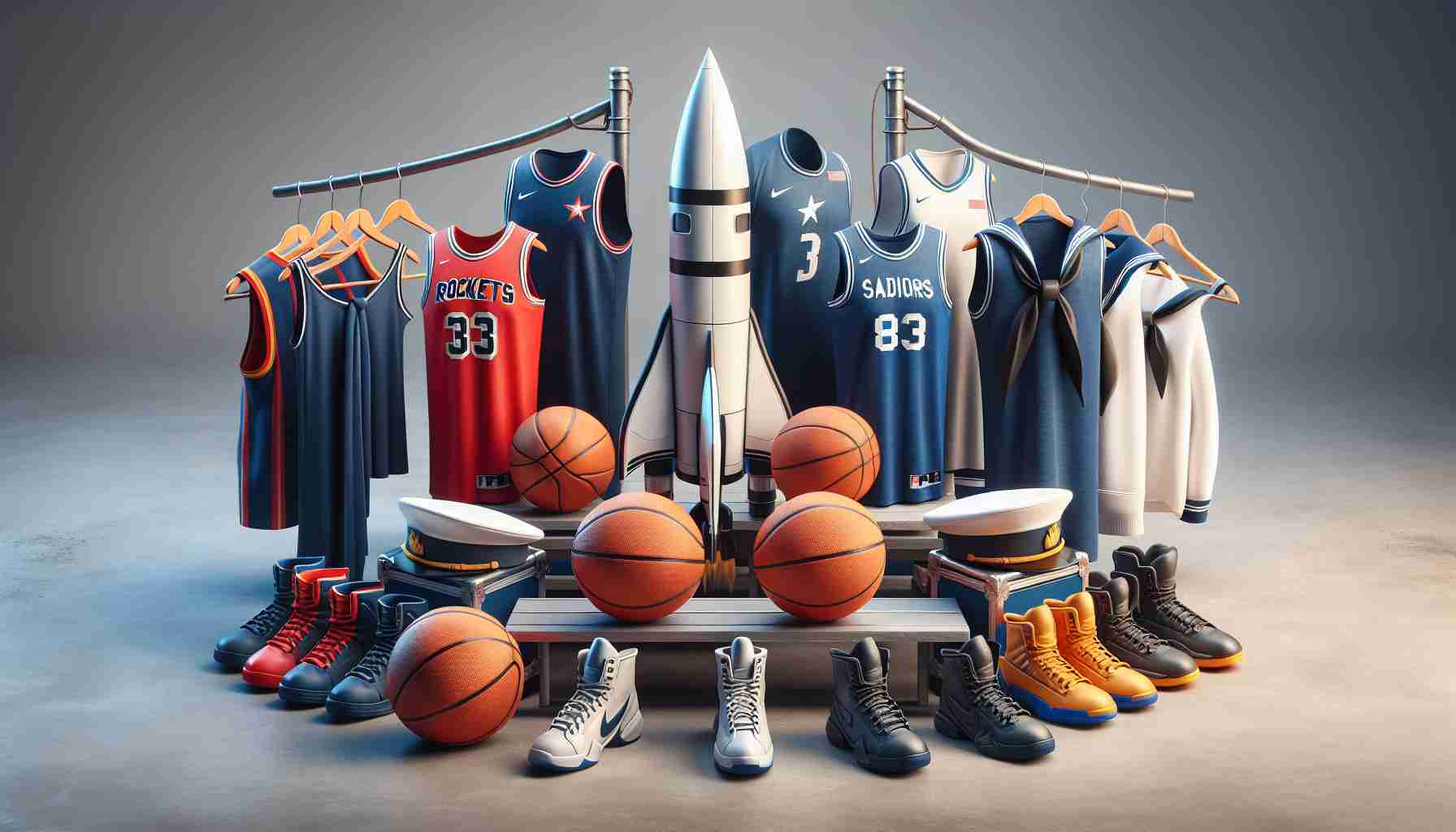 Realistic high-definition image of basketball teams gear preparing for important matches. One team is symbolized by rockets, displaying their team jerseys, basketballs, and other gear. The other team, represented by sailors, exhibits similar gear. The tension and excitement of the upcoming showdowns between these two teams is palpable.