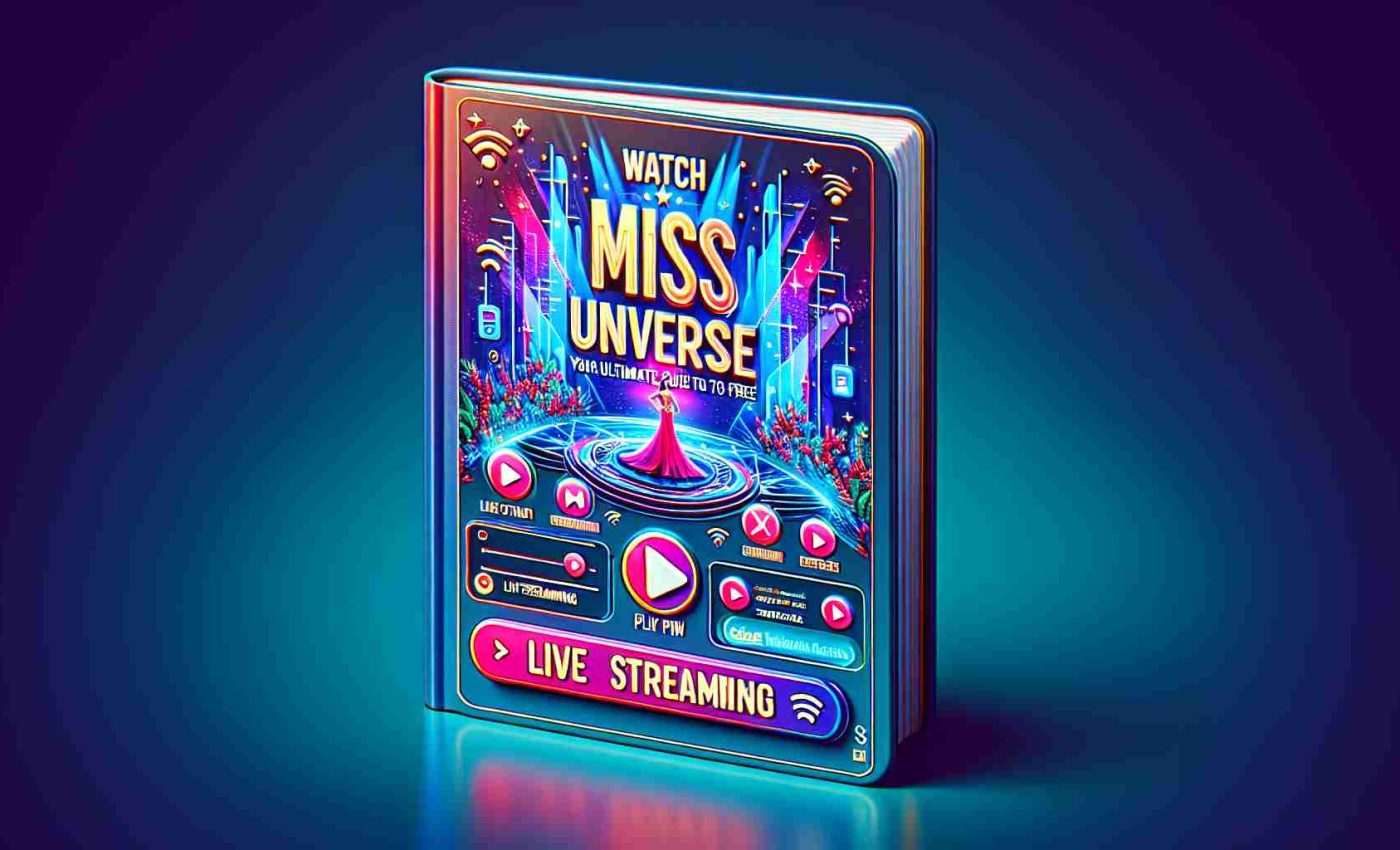 Create a hyperrealistic rendering of a digital guidebook titled 'Watch Miss Universe 2024 for Free: Your Ultimate Guide to Live Streaming'. The guidebook should have vibrant colors and an attractive design enticing its readers. It should contain images symbolizing live streaming, such as play buttons, Wi-Fi signals, or a small screen depicting a beauty pageant stage. The design should be modern with a futuristic feel to it. It's crucial to make it look like a legitimate guide to watch global events online for free.