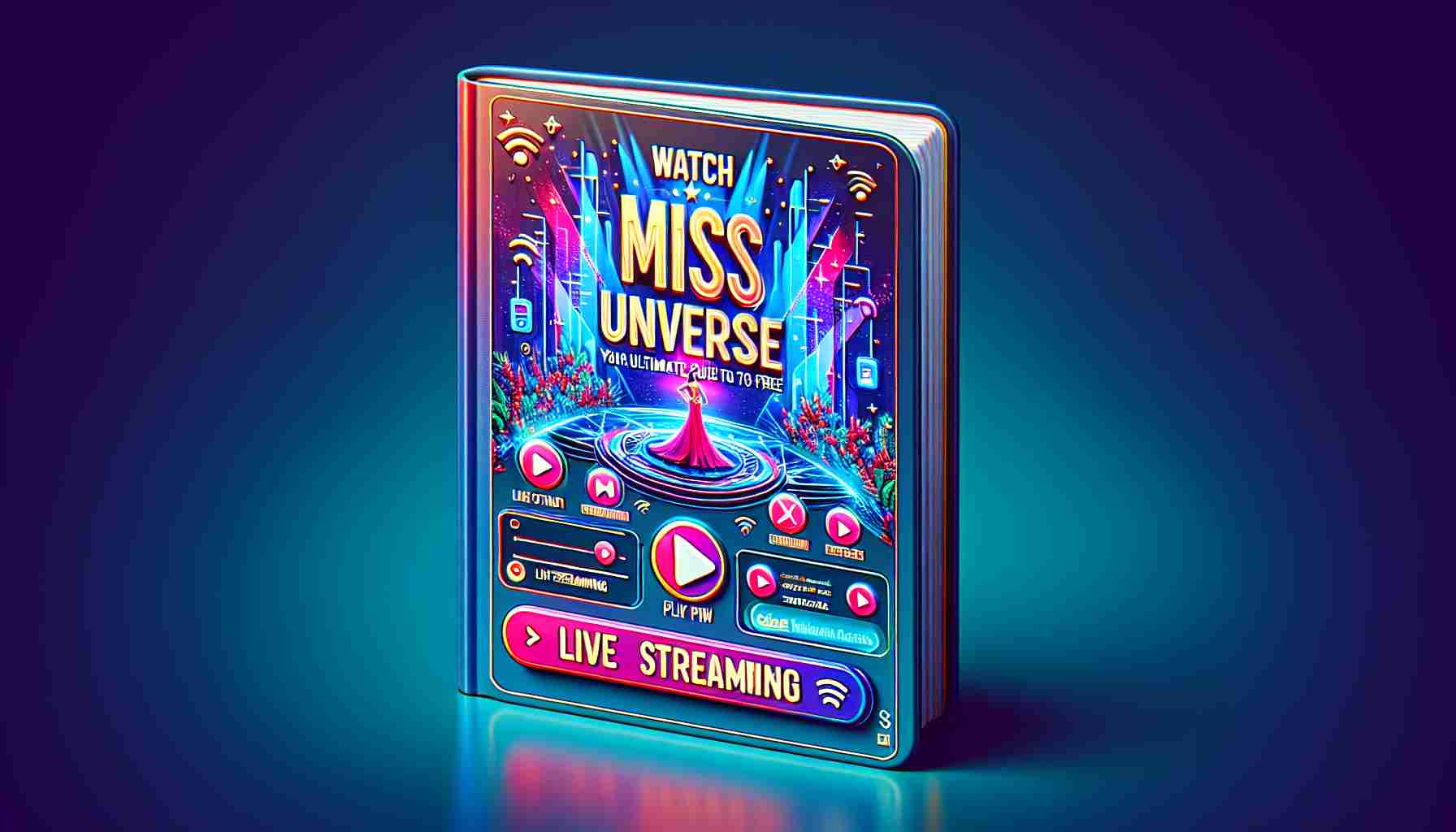 Create a hyperrealistic rendering of a digital guidebook titled 'Watch Miss Universe 2024 for Free: Your Ultimate Guide to Live Streaming'. The guidebook should have vibrant colors and an attractive design enticing its readers. It should contain images symbolizing live streaming, such as play buttons, Wi-Fi signals, or a small screen depicting a beauty pageant stage. The design should be modern with a futuristic feel to it. It's crucial to make it look like a legitimate guide to watch global events online for free.